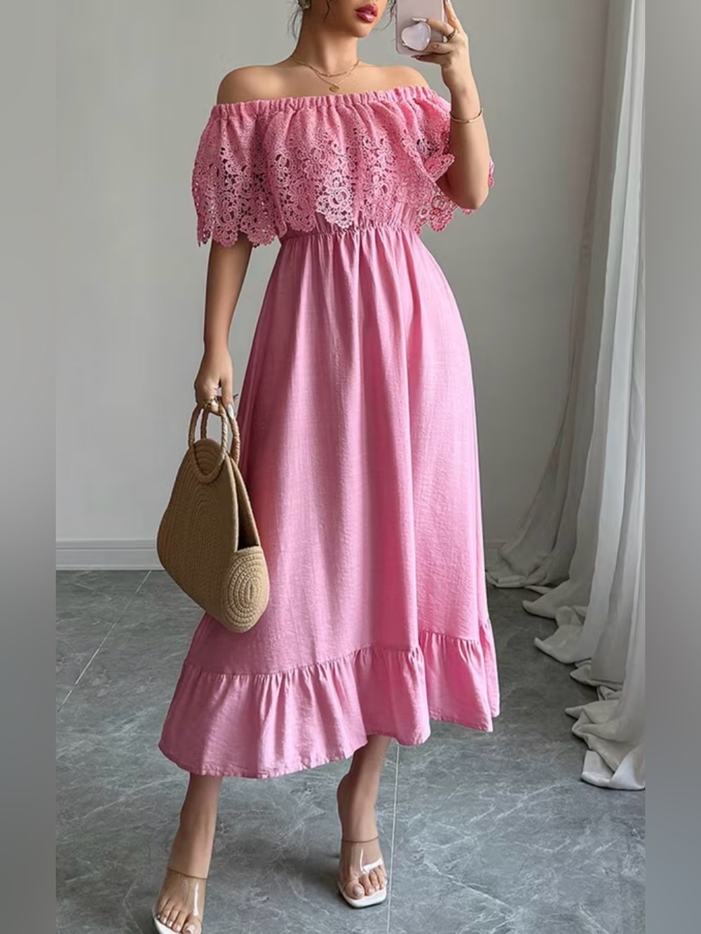 Elegant Pink Lace Oof Shoulder Midi Dress
